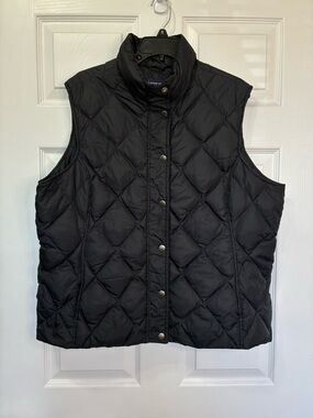 Lands End Down Filled Puffer Vest Womens XL Quilted Snap Up Black Layering Cozy